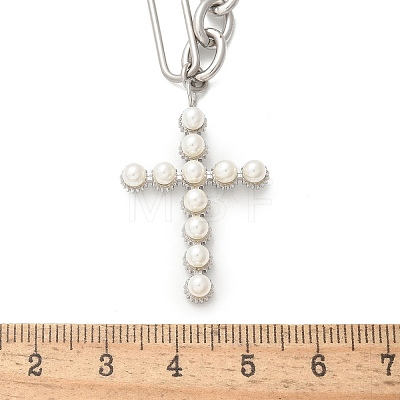 304 Stainless Steel & ABS Plastic Imitation Pearl Cross Pendant Necklaces NJEW-S442-09P-1