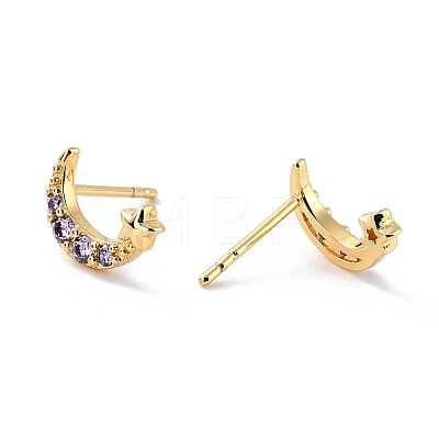 Moon & Star Cubic Zirconia Stud Earrings for Her EJEW-C002-14G-RS-1