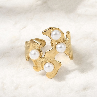 304 Stainless Steel with Imitation Pearl Cuff Open Rings for Women RJEW-Z144-01G-04-1
