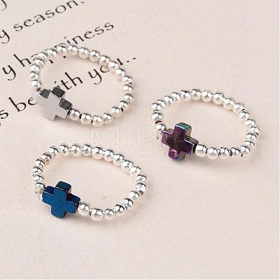 Cross Non-Magnetic Synthetic Hematite Beaded Stretch Rings RJEW-JR00169-1