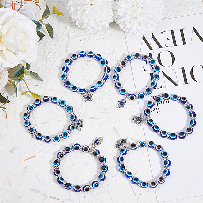 FIBLOOM 6Pcs 6 Style Resin Evil Eye Beaded Stretch Bracelets Set with Alloy Charms BJEW-FI0001-50-1