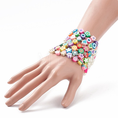 7Pcs 7 Style Star & Smiling Face & Flower Polymer Clay Stretch Bracelets Set with Glass Pearl Beaded BJEW-JB08786-1