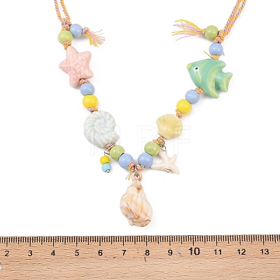 Ceramics Starfish Fish & Resin Shell Shape Pendant Adjustable Cotton Cord Necklaces for Women LS-NJEW-Z100-01B-G-1