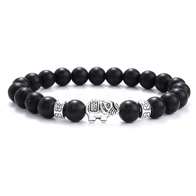 Ethnic Style Antique Silver Tone Alloy Elephant & Frosted Round Natural Obsidian Beaded Stretch Bracelets for Women Men QP2163-10-1