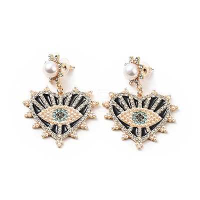 Crystal Rhinestone Heart with Evil Eye Dangle Stud Earrings with Enamel EJEW-J045-05C-KCG-1