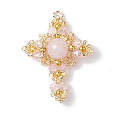 Natural Rose Quartz & Glass & Brass Beaded Pendants PALLOY-MZ00266-03-1