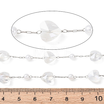 304 Stainless Steel & ABS Plastic Pearl Round Bead & Glass Heart Bead Cable Chains CHS-G048-11P-1
