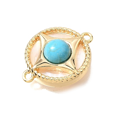Synthetic Turquoise & Natural Shell Brass Flat Round Links Connector Charms KK-N289-16G-02-1
