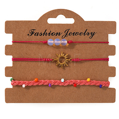 3Pcs 3 Styles Round Natural Gemstone & Glass Seed Beads Braided Bracelets & Stainless Steel Link Bracelets Set XI5712-7-1