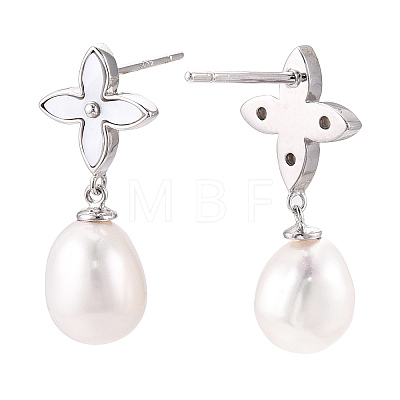 Drop Clover Natural Pearl & Shell Dangle Stud Earrings EJEW-T047-01P-1