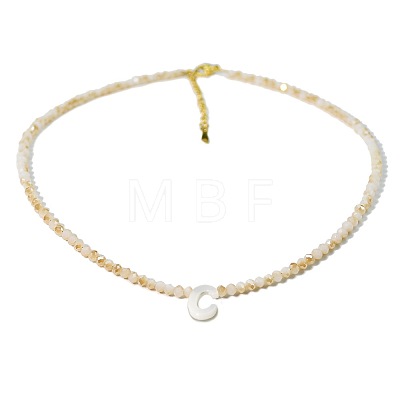 Natural White Shell Letter Faceted Glass Beaded Necklaces with 304 Stainless Steel End Chains SS7282-3-1