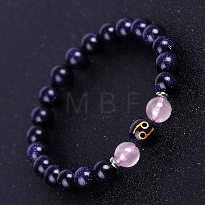 Cancer Round Synthetic Blue Goldstone & Natural Rose Quartz Stretch Bracelets for Women Men EA3132-6-1