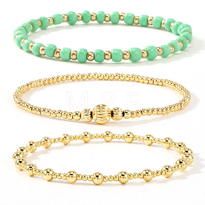 3Pcs Glass & Brass Round Beads Stretch Bracelets HD9470-14-1