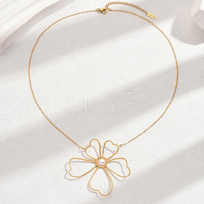 Elegant Stainless Steel & Imitation Pearl Hollow Flower Pendant Necklaces for Women TN2016-1-1