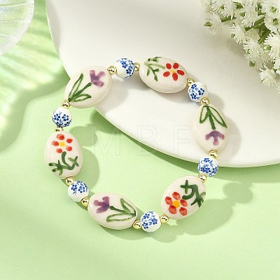 Handmade Printed Porcelain Floral Oval Beaded Stretch Bracelets BJEW-JB14181-1