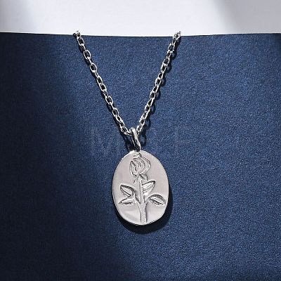 925 Sterling Silver Oval with Engraved Rose Flower Pendant Necklaces for Women NJEW-D316-03P-1
