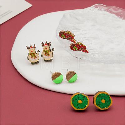 4 Pairs Snowman & Christmas Hat & Wreath Printed Wood Stud Earrings EJEW-OY001-06-1