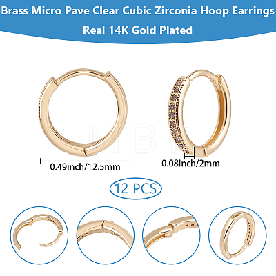 12Pcs Brass Micro Pave Clear Cubic Zirconia Hoop Earrings for Women EJEW-SC0001-97-1