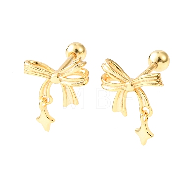 Bowknot with Star 925 Sterling Silver Stud Earrings EJEW-K317-10G-1