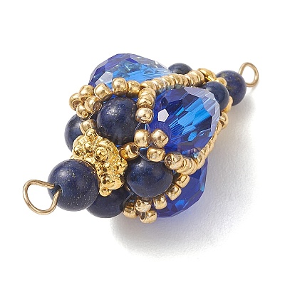 Bohemian Natural Lapis Lazuli Round with Glass Beaded Teardrop Links Connector Charms PALLOY-MZ01227-03-1