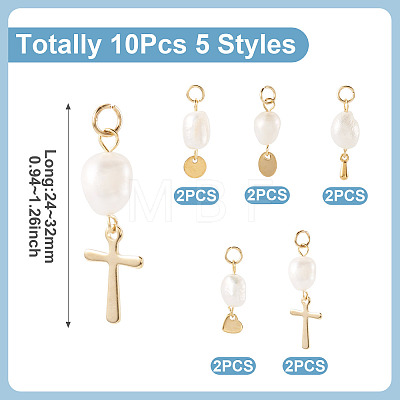 10Pcs 5 Styles Natural Freshwater Pearl & 304 Stainless Steel & 201 Stainless Steel Pendants PALLOY-TAC0267-1