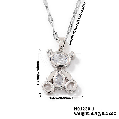 Brass Pave Clear Cubic Zirconia Cute 3D Bear Pendant Necklaces for Women CY9372-1-1