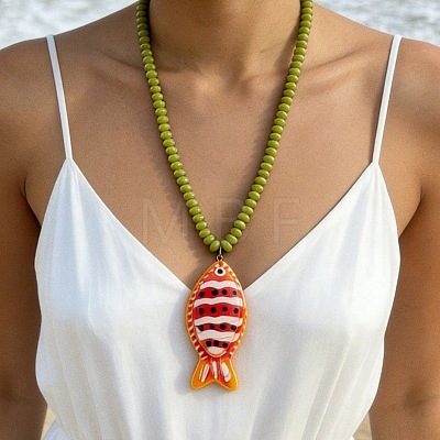 Summer Beach Resin Red Fish Pendant Rondelle Beaded Necklaces for Women WG3A5E5-02-1