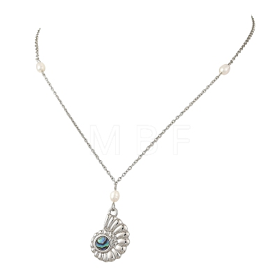 Alloy Natural Paua Shell Alloy Sea Animals Pendant 304 Stainless Steel Cable Chain Necklaces with Natural Pearl for Women NJEW-JN06524-1
