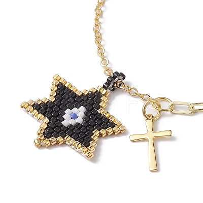 Glass Seed Star & Brass Cross Charm Bracelets BJEW-MZ00044-1