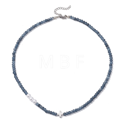 Dyed Natural Malaysia Jade Faceted Rondelle & Round Imitation Pearl & Brass Cross Beaded Necklaces NJEW-JN05835-1