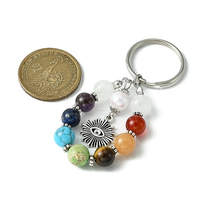 7 Chakra Gemstone Bead Pendant Keychain with Tibetan Style Alloy Charm KEYC-JKC00539-01-1