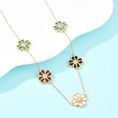 304 Stainless Steel with Resin Flower Link Chain Necklaces & Stud Earrings SJEW-Z005-02G-03-1