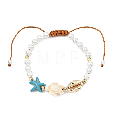 Dyed Synthetic Turquoise & Shell Pearl & Alloy Beads Braided Bead Bracelets for Women BJEW-JB13806-1