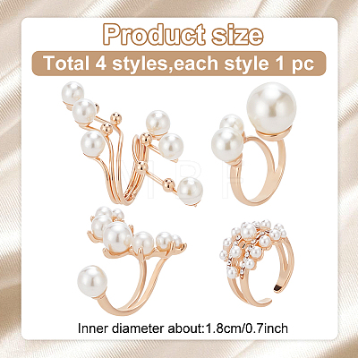ANATTASOUL 4Pcs 4 Styles Plastic Imitation Pearl Beaded Open Cuff Ring RJEW-AN0001-18-1
