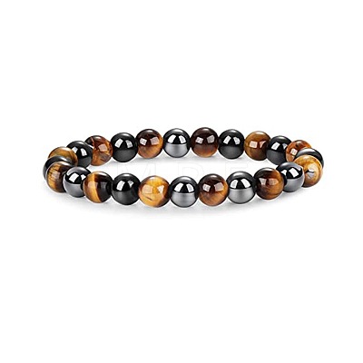 8mm Round Naturla Tiger Eye & Synthetic Non-magnetic Hematite Beaded Stretch Bracelets for Women Men UP4024-3-1
