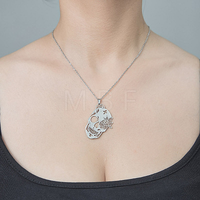 201 Stainless Steel Hollow Skull Pendant Necklace NJEW-OY002-15-1