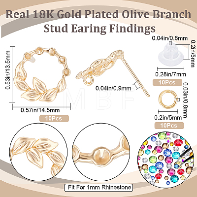 Beebeecraft 10Pcs Brass Olive Branch Stud Earring Settings for Rhinestone DIY-BBC0001-34-1