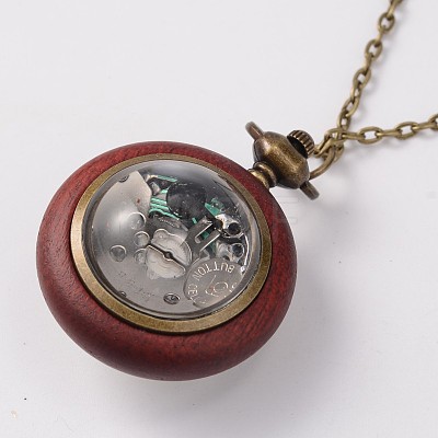 Long Brass Cable Chains Flat Round Rosewood Pocket Quartz Watches Necklaces NJEW-A289-21E-1