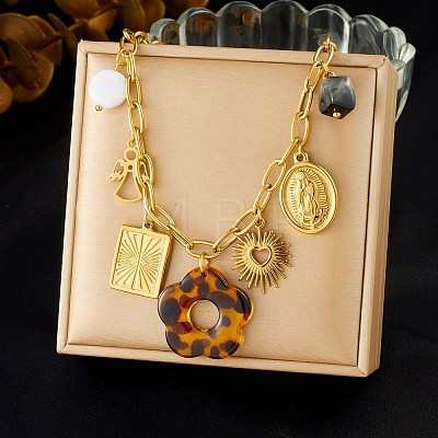 304 Stainless Steel & Resin & Imitation Pearl Multi-Pendant Bib Necklaces for Women SA-CBA717A-03G-01-1