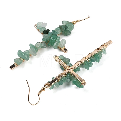 Natural Aventurine Cross Dangle Earrings EJEW-Z071-01G-02-1