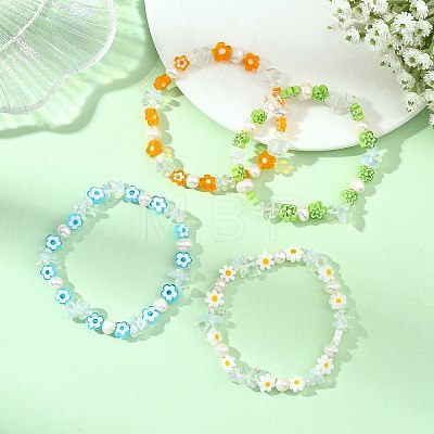 Handmade Millefiori Glass & Opalite & Natural Cultured Freshwater Pearl Beaded Stretch Bracelets for Women BJEW-JB13945-1