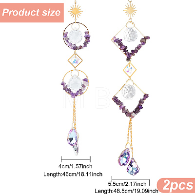 2Pcs 2 Style Teardrop K9 Glass & Natural Amethyst Chip Pendant Decorations HJEW-GO0001-04-1