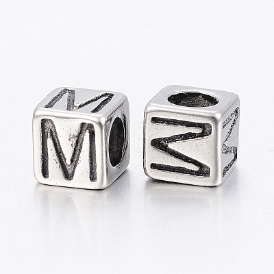 304 Stainless Steel Large Hole Letter European Beads X-STAS-H428-01AS-M-1