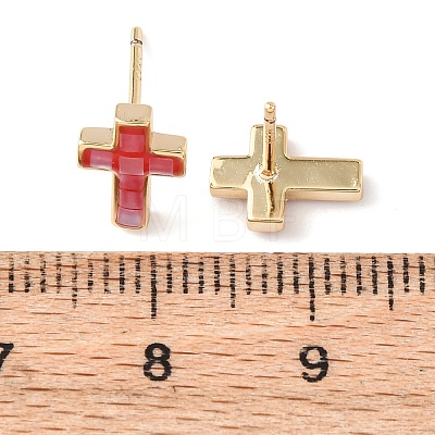 Brass Enamel Cross Stud Earrings EJEW-I322-03G-1
