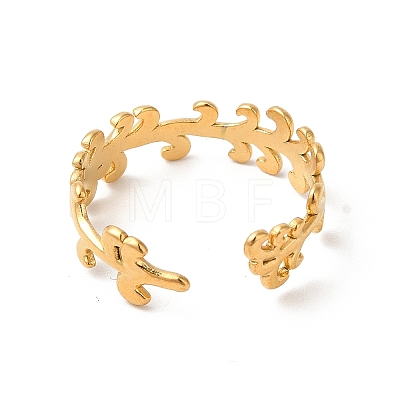 Ion Plating(IP) 304 Stainless Steel Leafy Branch Open Cuff Ring for Women RJEW-E063-21G-1