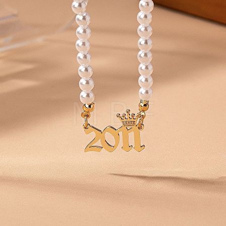 Alloy Crown Birth Year Pendant Imitation Pearl Round White Beaded Necklaces for Women FS-WG173C9-08-1