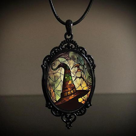 Oval Gothic Alloy Glass Halloween Pendant Necklaces for Women FS-WG73C21-02-1