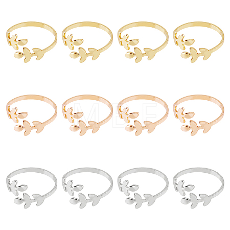 12Pcs 3 Colors Alloy Leafy Branch Open Cuff Finger Rings Set for Women RJEW-HY0001-02-1
