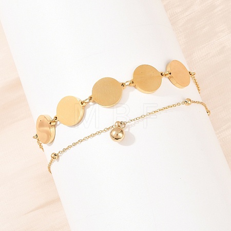 Flat Round 304 Stainless Steel Satellite Chains Double Layers Anklets BJEW-H643-04G-1