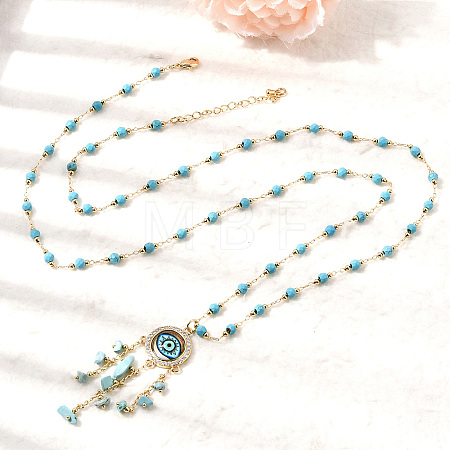 Boho Brass Resin Evil Eye Pendant Necklaces with Dyed Natural Howlite Chip Tassel NJEW-L014-03G-1